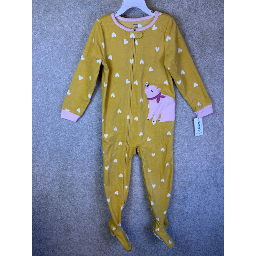 Carter's Footed Pajamas Toddler 5T Yellow Heart Bear Fleece Sleepwear NWT